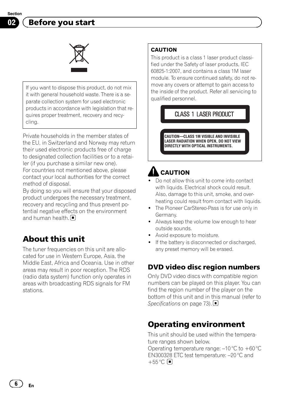 Dvd video disc region numbers 6, Before you start about this unit, Operating environment | About this unit, 02 before you start, Dvd video disc region numbers | Pioneer AVH-3400DVD User Manual | Page 6 / 76