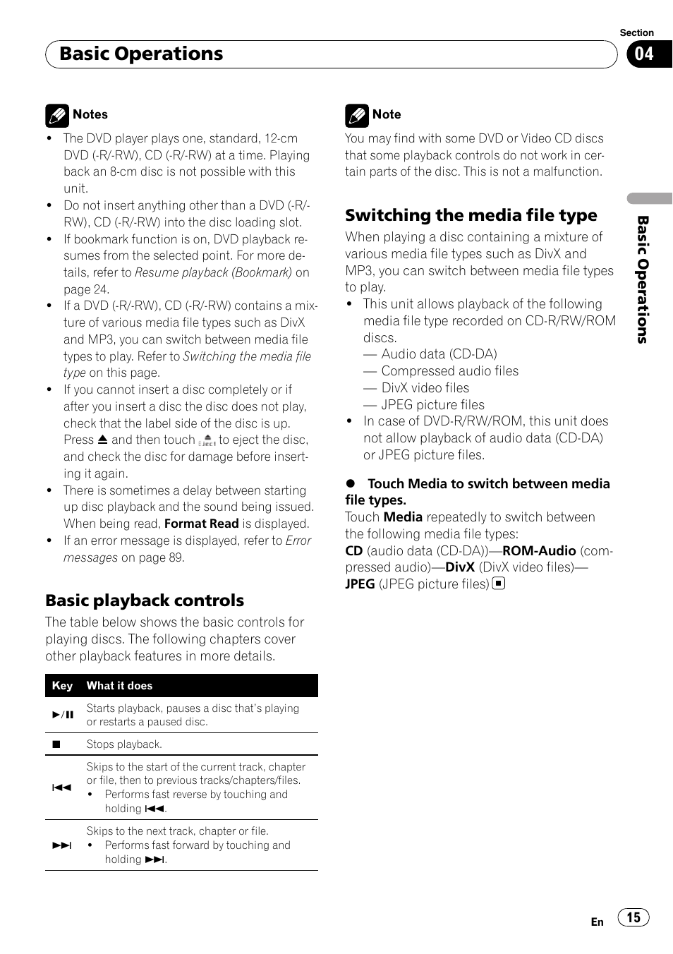 Basic operations, Basic playback controls, Switching the media file type | Pioneer AVH-P4100DVD User Manual | Page 15 / 108