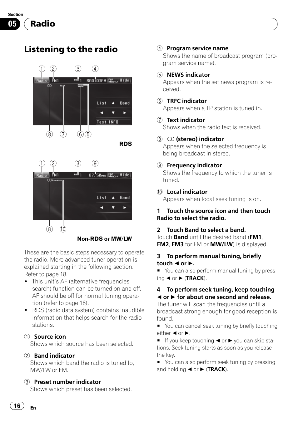 Radio listening to the radio, Listening to the radio, Radio | Pioneer AVH-P4100DVD User Manual | Page 16 / 108