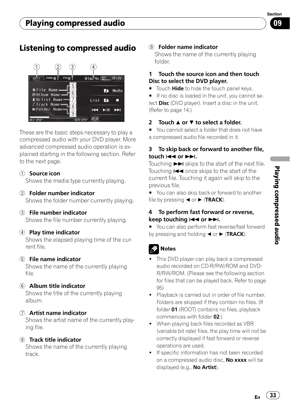 Listening to compressed audio, Playing compressed audio | Pioneer AVH-P4100DVD User Manual | Page 33 / 108