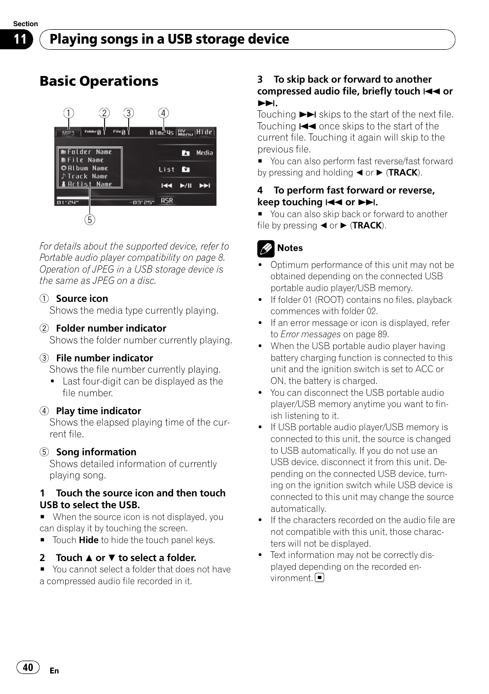 Basic operations, Playing songs in a usb storage device | Pioneer AVH-P4100DVD User Manual | Page 40 / 108