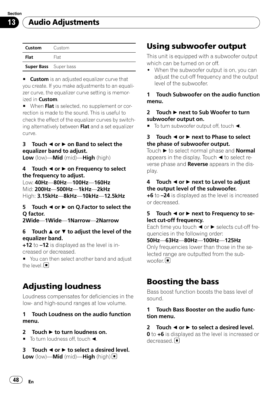 Adjusting loudness, Using subwoofer output, Boosting the bass | Audio adjustments | Pioneer AVH-P4100DVD User Manual | Page 48 / 108