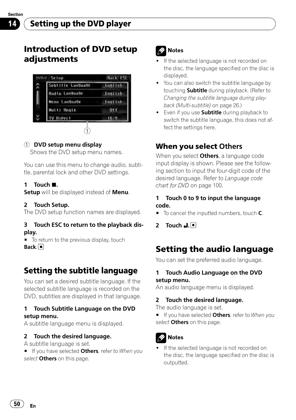 Setting the subtitle language, Setting the audio language, Introduction of dvd setup adjustments | Setting up the dvd player, When you select others | Pioneer AVH-P4100DVD User Manual | Page 50 / 108