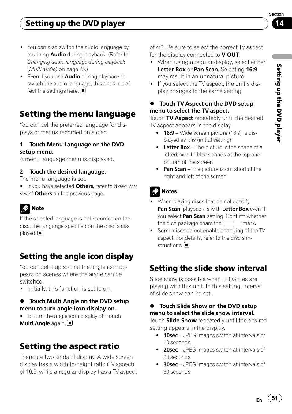 Setting the menu language, Setting the angle icon display, Setting the aspect ratio | Setting the slide show interval, Setting the, Setting up the dvd player | Pioneer AVH-P4100DVD User Manual | Page 51 / 108