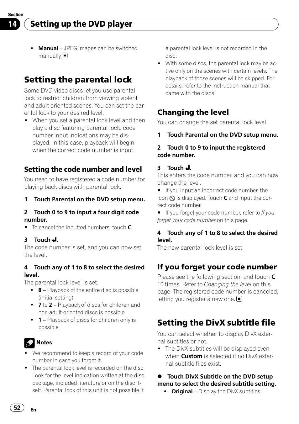 Setting the parental lock, Setting the divx subtitle file, Setting up the dvd player | Setting the code number and level, Changing the level, If you forget your code number | Pioneer AVH-P4100DVD User Manual | Page 52 / 108