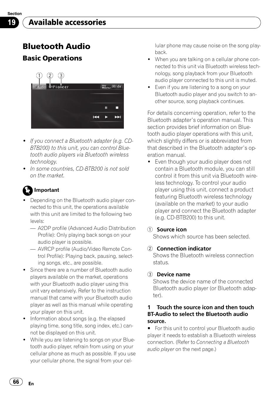 Available accessories bluetooth audio, Bluetooth audio, Available accessories | Basic operations | Pioneer AVH-P4100DVD User Manual | Page 66 / 108