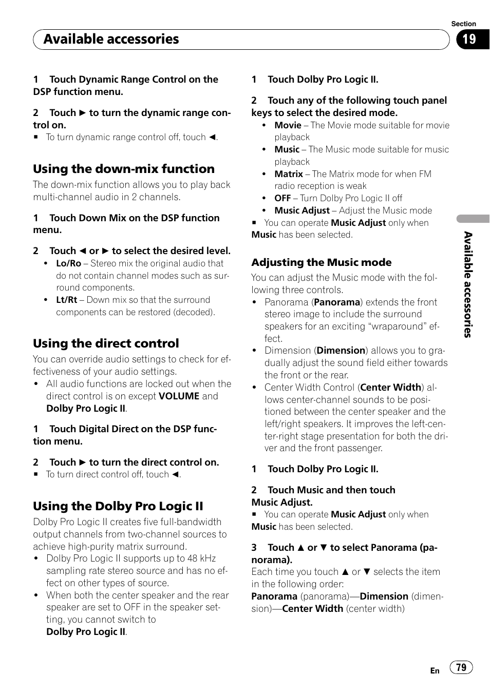 Available accessories, Using the down-mix function, Using the direct control | Using the dolby pro logic ii | Pioneer AVH-P4100DVD User Manual | Page 79 / 108