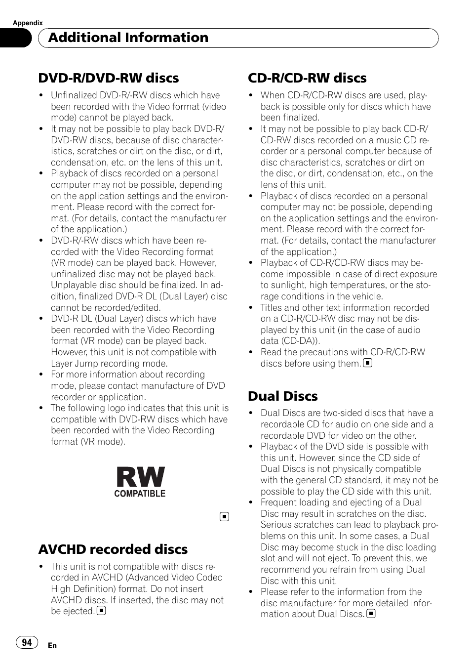 Dvd-r/dvd-rw discs, Avchd recorded discs, Cd-r/cd-rw discs | Dual discs, Additional information | Pioneer AVH-P4100DVD User Manual | Page 94 / 108