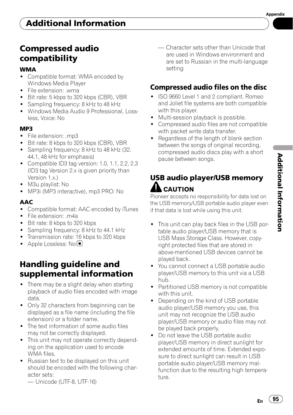Compressed audio compatibility, Handling guideline and supplemental, Information | Handling guideline and supplemental information, Additional information, Compressed audio files on the disc | Pioneer AVH-P4100DVD User Manual | Page 95 / 108