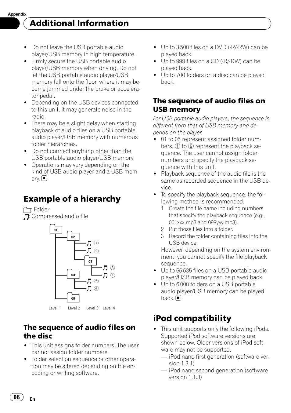 Example of a hierarchy, Ipod compatibility, Additional information | The sequence of audio files on the disc | Pioneer AVH-P4100DVD User Manual | Page 96 / 108