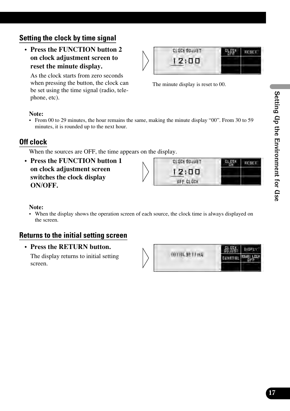 Setting the clock by time signal, Off clock, Returns to the initial setting screen | Pioneer RS-D7RII User Manual | Page 17 / 92