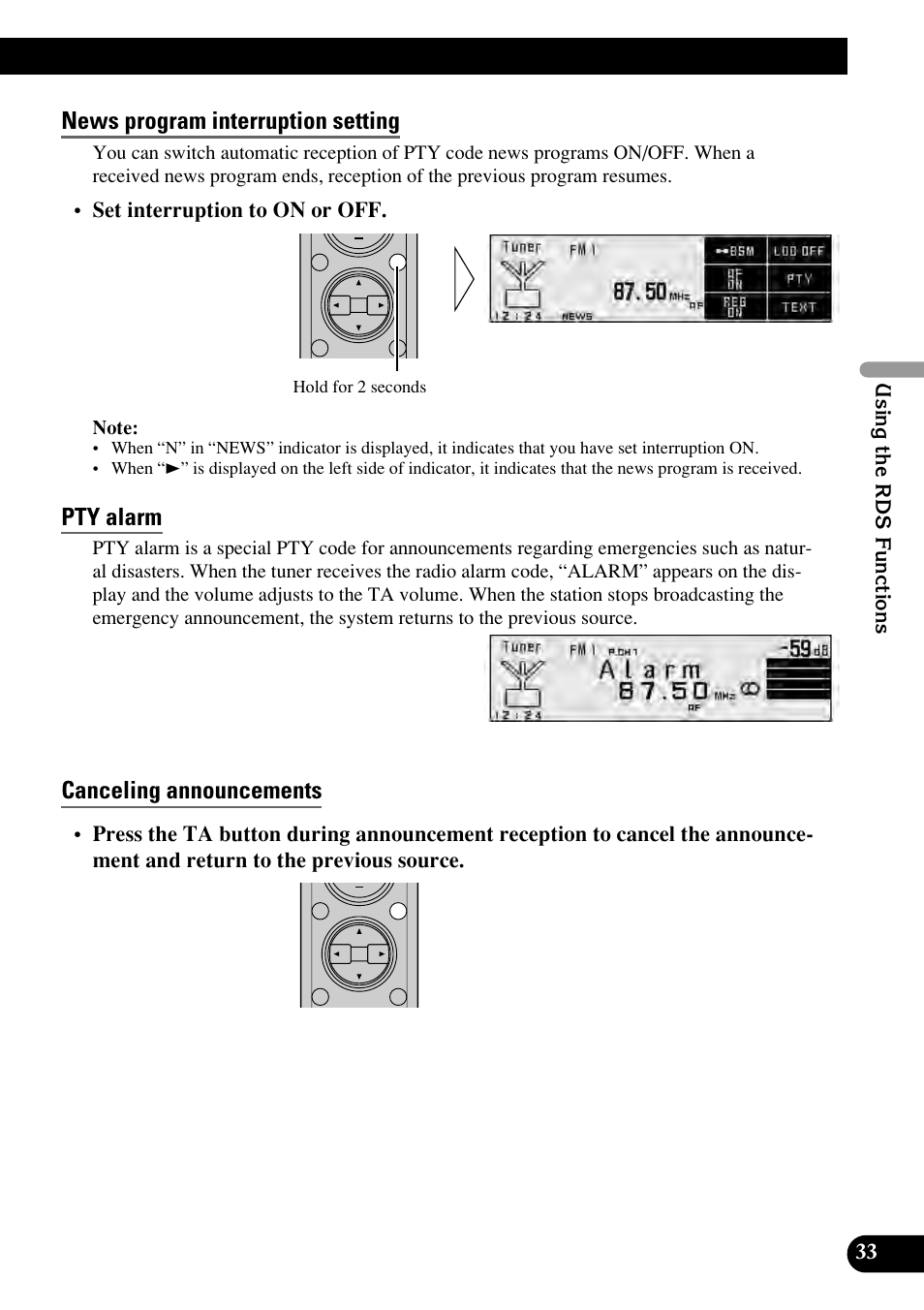 News program interruption setting, Pty alarm, Canceling announcements | Pioneer RS-D7RII User Manual | Page 33 / 92