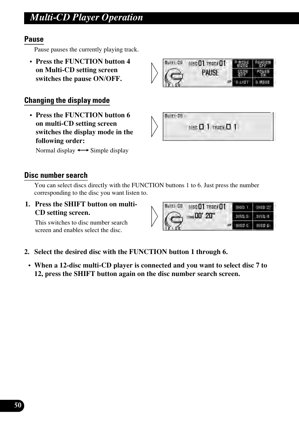 Pause, Changing the display mode, Disc number search | Multi-cd player operation | Pioneer RS-D7RII User Manual | Page 50 / 92