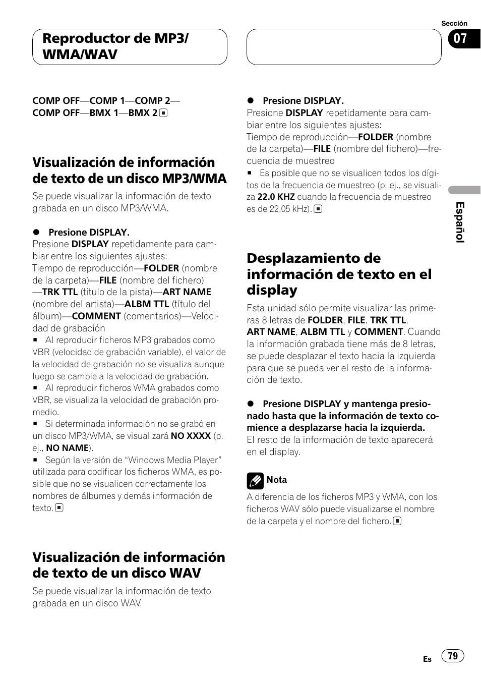 Visualización de información de texto de un, Disco mp3/wma 79, Disco wav 79 | Desplazamiento de información de texto en, El display 79, Reproductor de mp3/ wma/wav | Pioneer DEH-P6700MP User Manual | Page 79 / 108