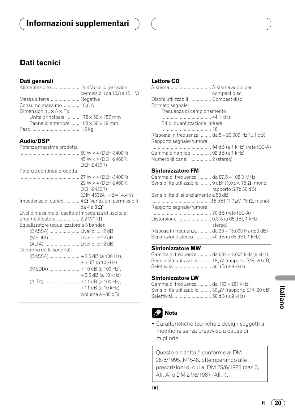 Dati tecnici 20, Informazioni supplementari, Dati tecnici | Pioneer DEH-2460R User Manual | Page 101 / 124