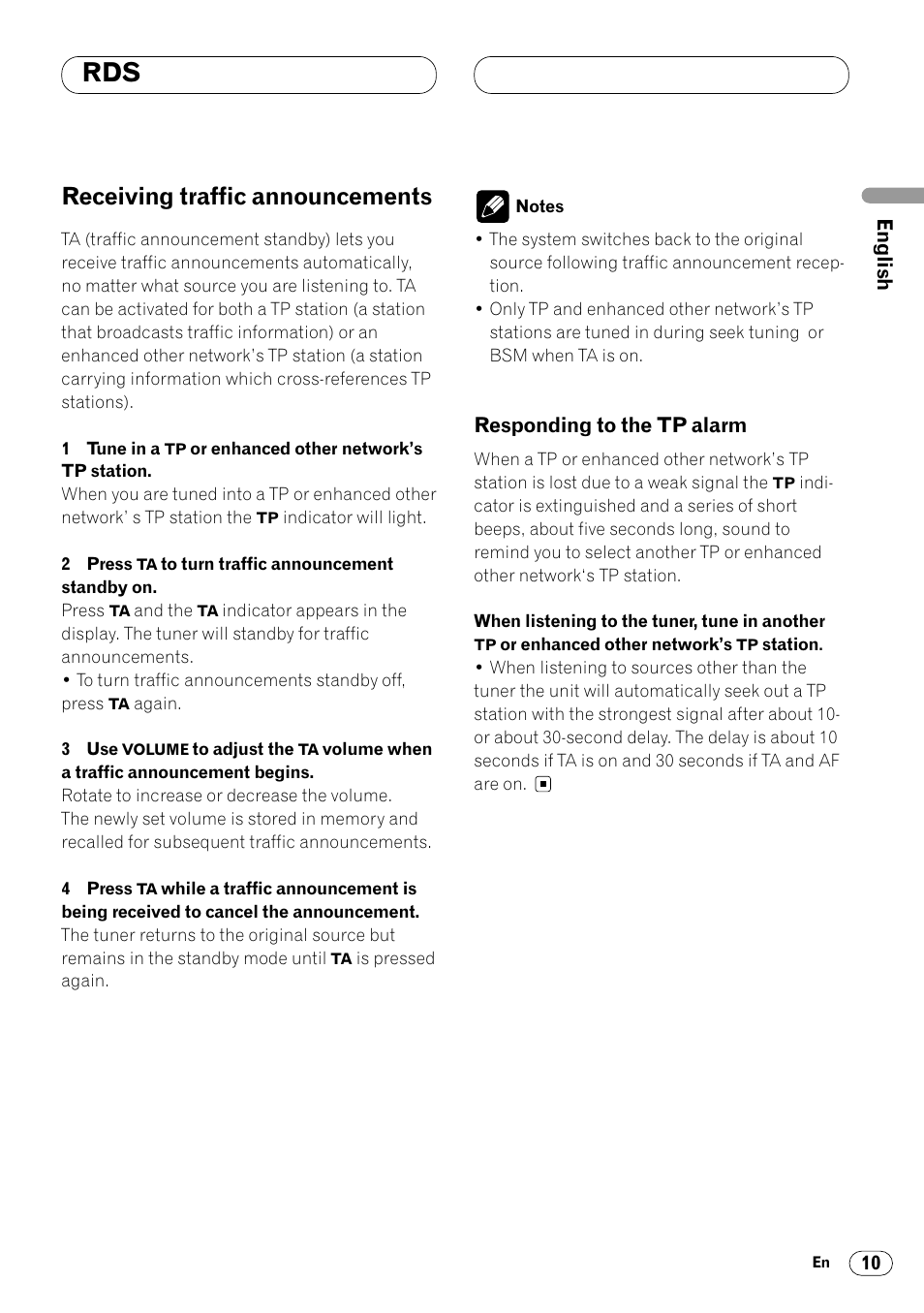 Receiving traffic announcements 10, Responding to the tp alarm 10, Receiving traffic announcements | Pioneer DEH-2460R User Manual | Page 11 / 124