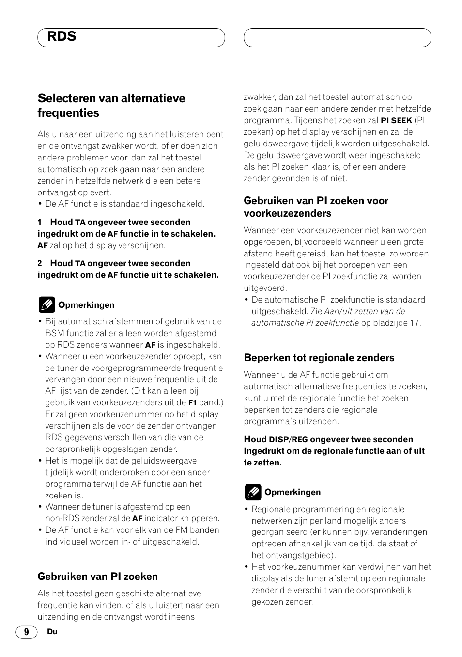 Selecteren van alternatieve frequenties 9, Voorkeuzezenders 9, Beperken tot regionale zenders 9 | Selecteren van alternatieve frequenties | Pioneer DEH-2460R User Manual | Page 110 / 124