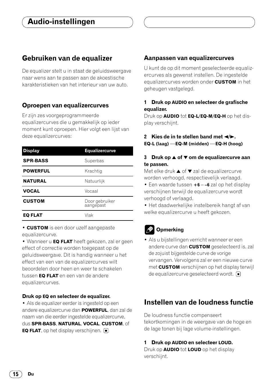 Gebruiken van de equalizer 15, Instellen van de loudness functie 15, Audio-instellingen | Gebruiken van de equalizer, Instellen van de loudness functie, Oproepen van equalizercurves, Aanpassen van equalizercurves | Pioneer DEH-2460R User Manual | Page 116 / 124