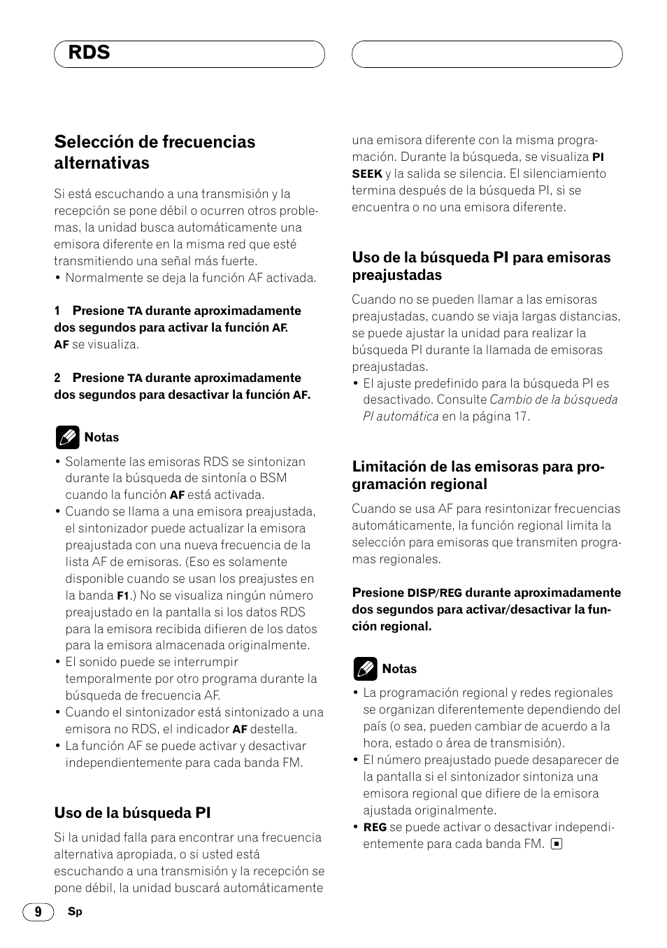 Selección de frecuencias alternativas 9, Preajustadas 9, Limitación de las emisoras para progra | Mación regional 9, Selección de frecuencias alternativas | Pioneer DEH-2460R User Manual | Page 30 / 124