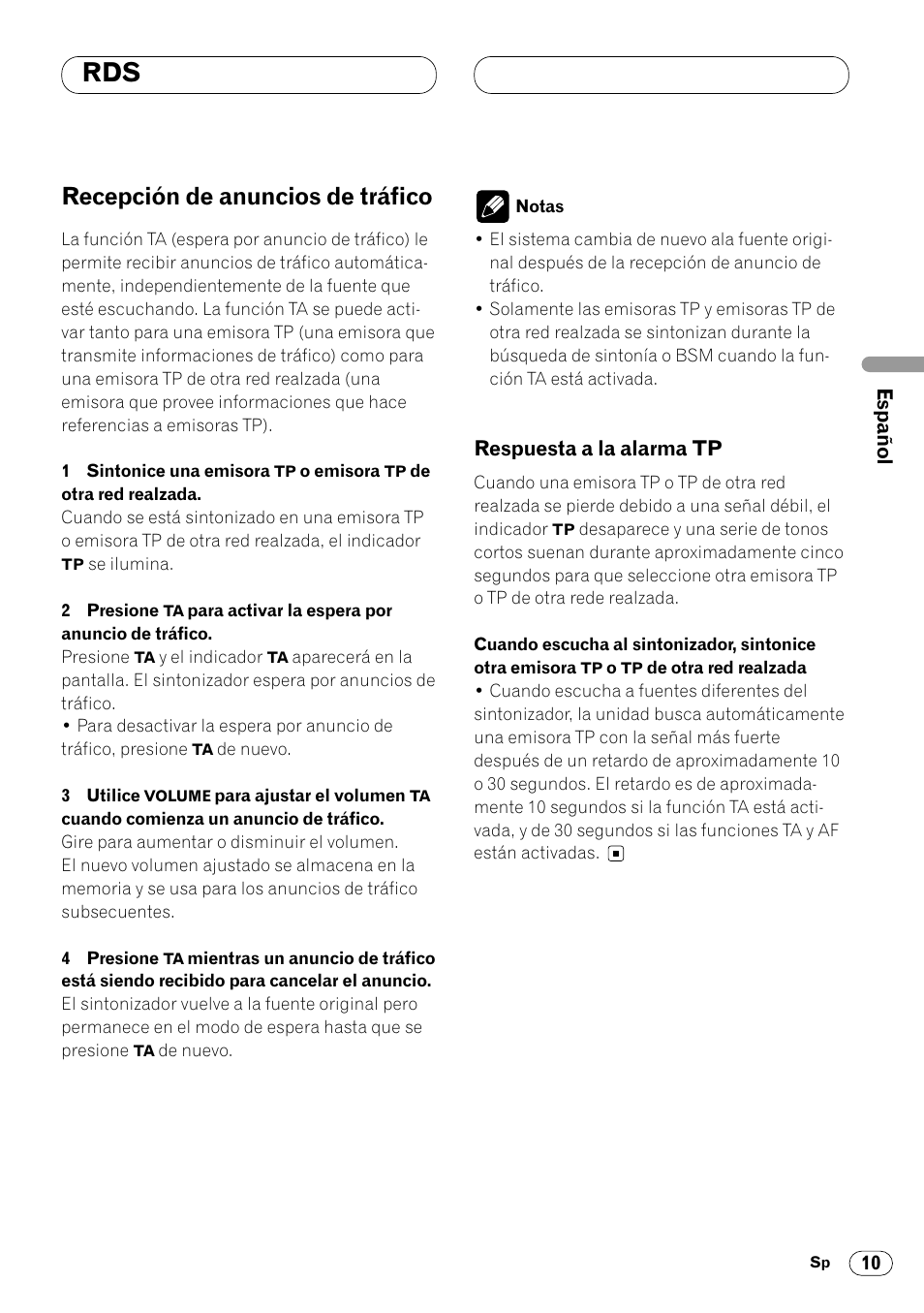 Recepción de anuncios de tráfico 10, Respuesta a la alarma tp 10, Recepción de anuncios de tráfico | Pioneer DEH-2460R User Manual | Page 31 / 124