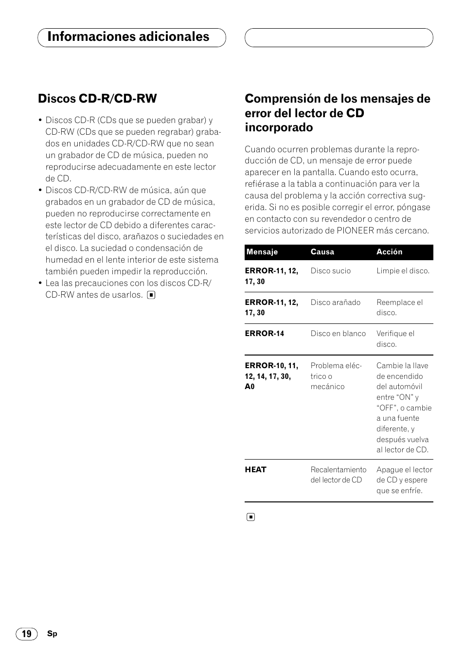 Del lector de cd incorporado 19, Informaciones adicionales, Discos cd-r/cd-rw | Pioneer DEH-2460R User Manual | Page 40 / 124