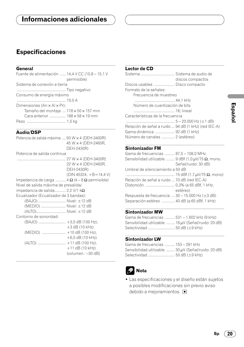 Especificaciones 20, Informaciones adicionales, Especificaciones | Pioneer DEH-2460R User Manual | Page 41 / 124