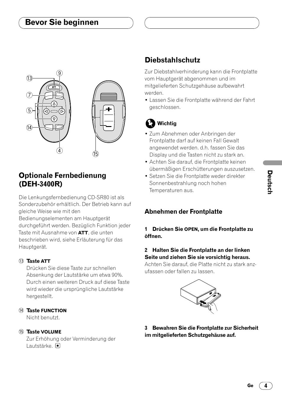 Abnehmen der frontplatte 4, Bevor sie beginnen, Optionale fernbedienung (deh-3400r) | Diebstahlschutz | Pioneer DEH-2460R User Manual | Page 45 / 124