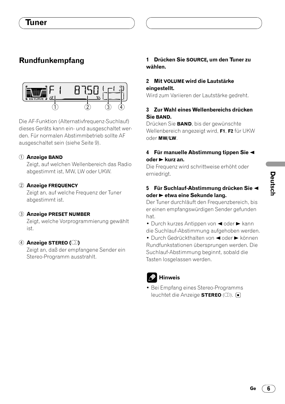 Tuner, Rundfunkempfang 6, Rundfunkempfang | Pioneer DEH-2460R User Manual | Page 47 / 124