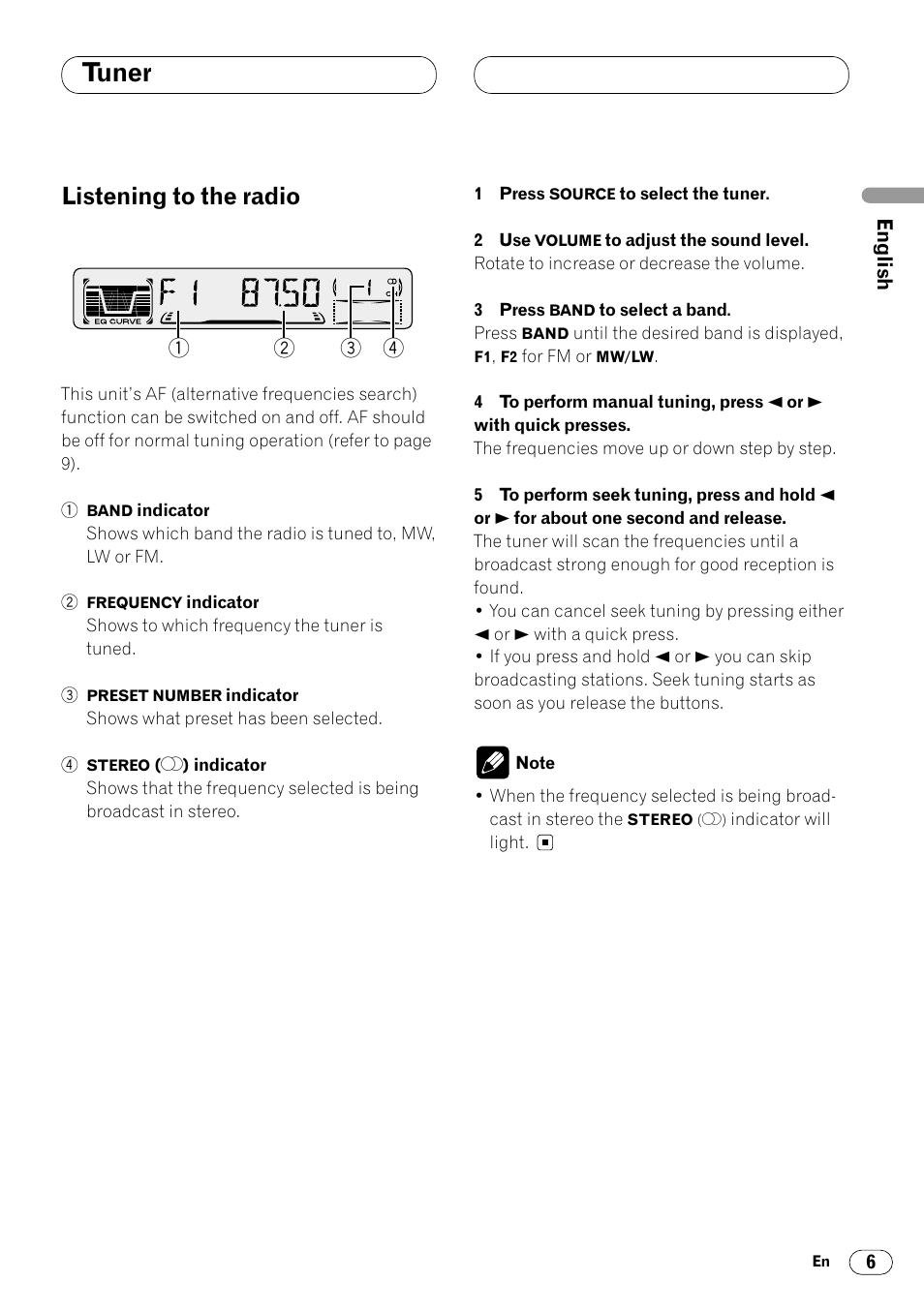Tuner, Listening to the radio 6, Listening to the radio | Pioneer DEH-2460R User Manual | Page 7 / 124