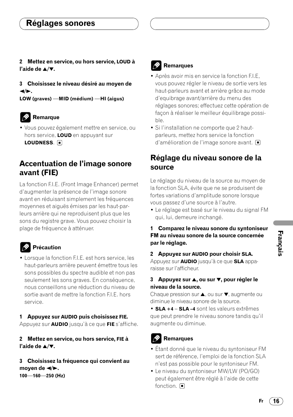 Accentuation de l’image sonore avant, Fie) 16, Réglage du niveau sonore de la source 16 | Réglages sonores, Accentuation de l’image sonore avant (fie), Réglage du niveau sonore de la source | Pioneer DEH-2460R User Manual | Page 77 / 124