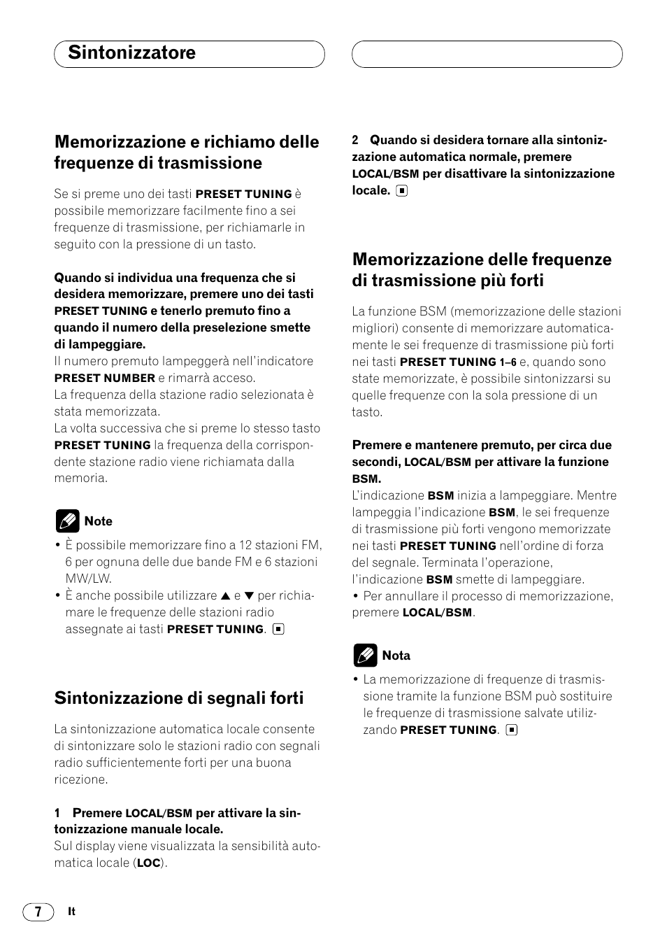 Memorizzazione e richiamo delle, Frequenze di trasmissione 7, Trasmissione più forti 7 | Sintonizzatore, Sintonizzazione di segnali forti | Pioneer DEH-2460R User Manual | Page 88 / 124