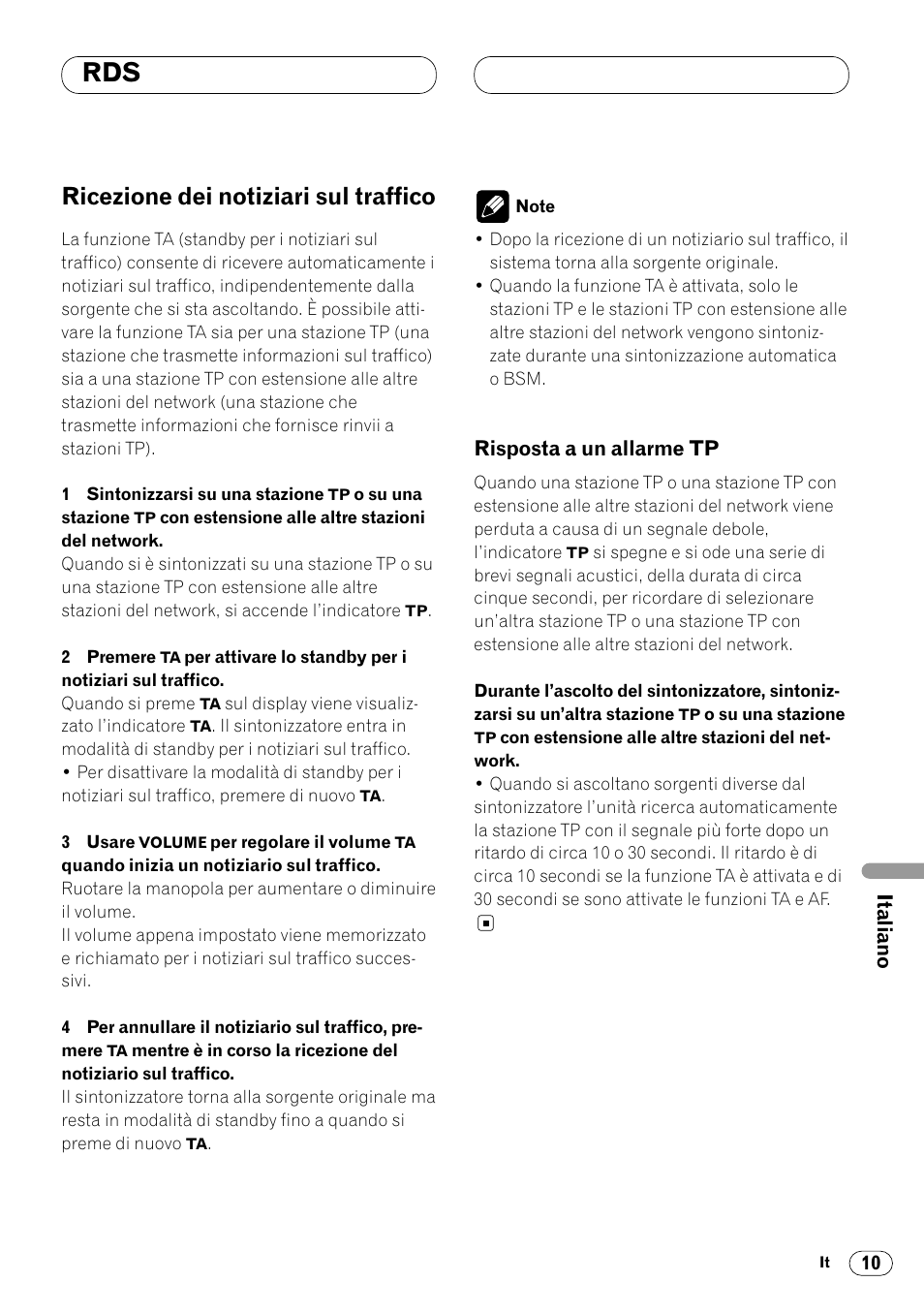 Ricezione dei notiziari sul traffico 10, Risposta a un allarme tp 10, Ricezione dei notiziari sul traffico | Pioneer DEH-2460R User Manual | Page 91 / 124