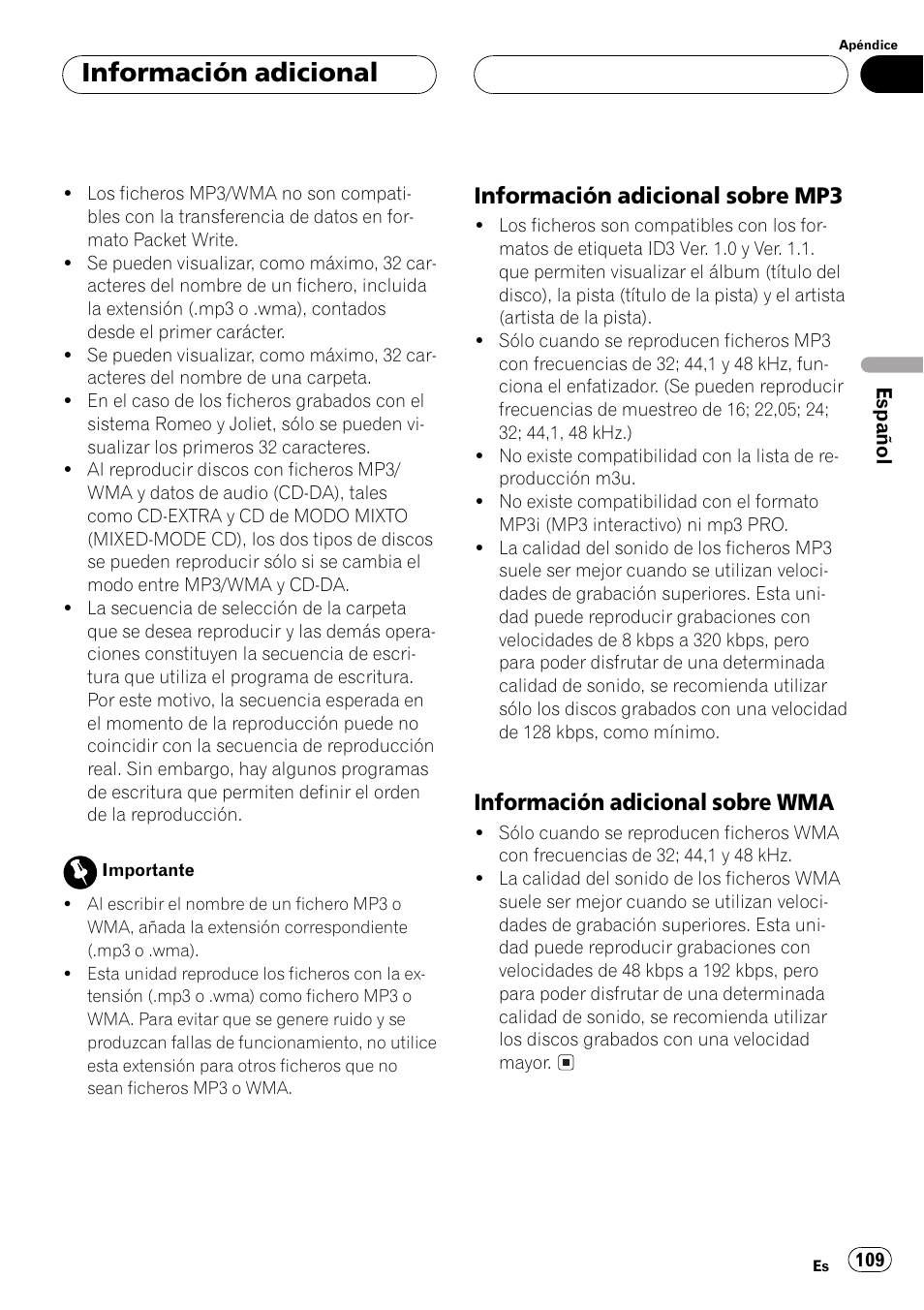 Información adicional sobre, Mp3 109, Wma 109 | Información adicional, Información adicional sobre mp3, Información adicional sobre wma | Pioneer DEH-P5500MP User Manual | Page 109 / 116