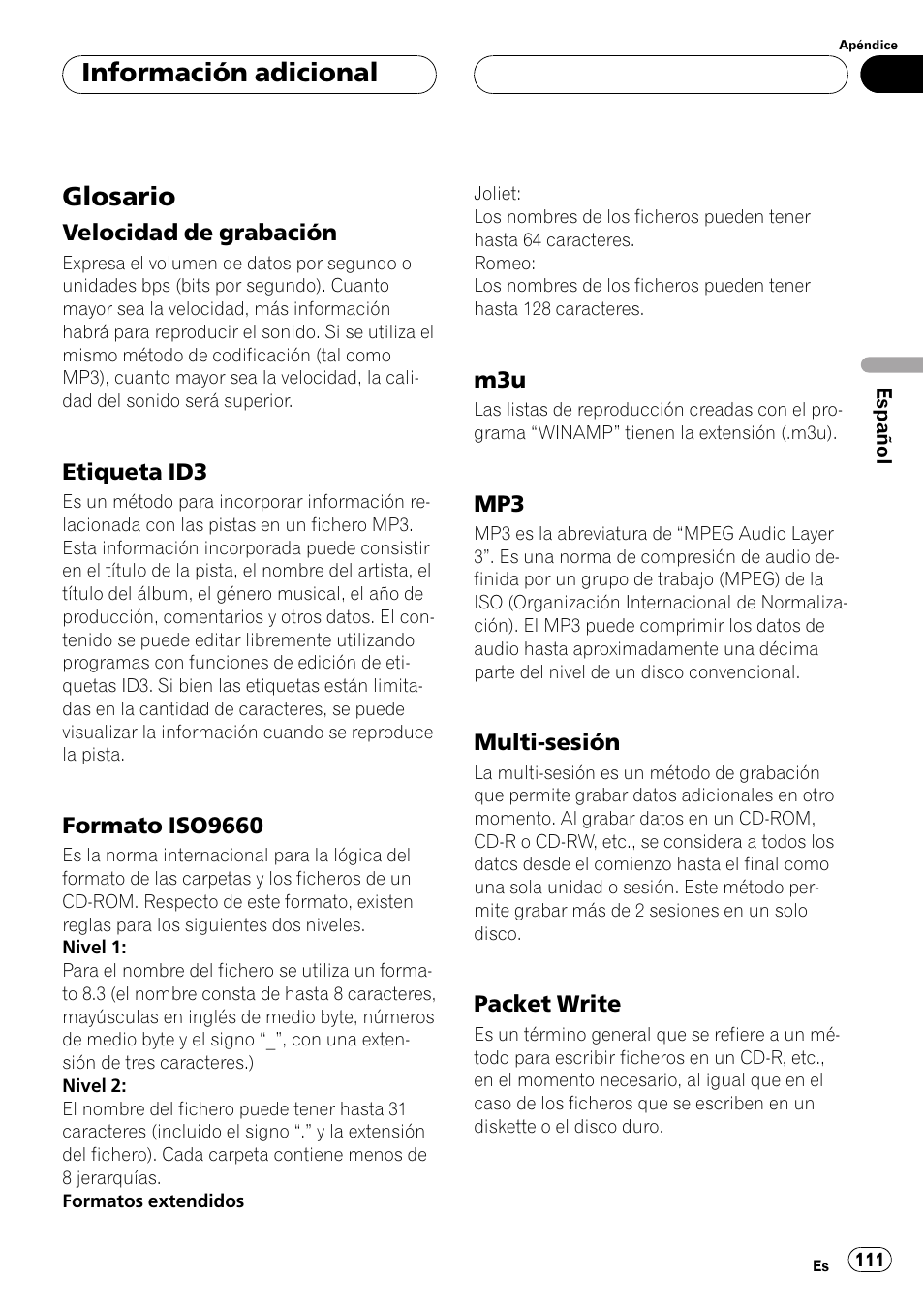 Glosario 111, Glosario, Información adicional | Pioneer DEH-P5500MP User Manual | Page 111 / 116