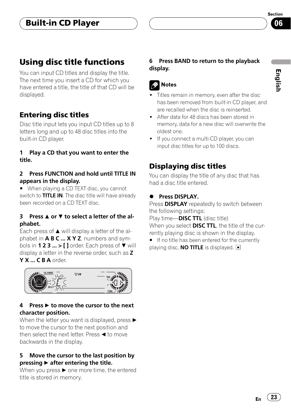 Using disc title functions 23, Entering disc titles 23, Displaying disc titles 23 | Using disc title functions, Built-in cd player, Entering disc titles, Displaying disc titles | Pioneer DEH-P5500MP User Manual | Page 23 / 116