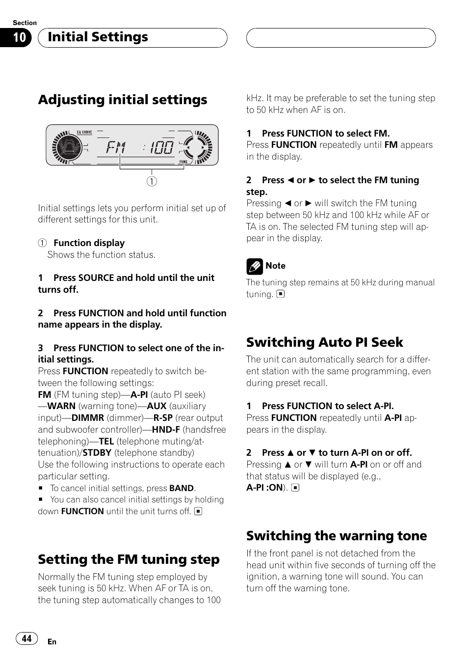 Adjusting initial settings, Setting the fm tuning step, Switching auto pi seek | Switching the warning tone, Initial settings | Pioneer DEH-P5500MP User Manual | Page 44 / 116