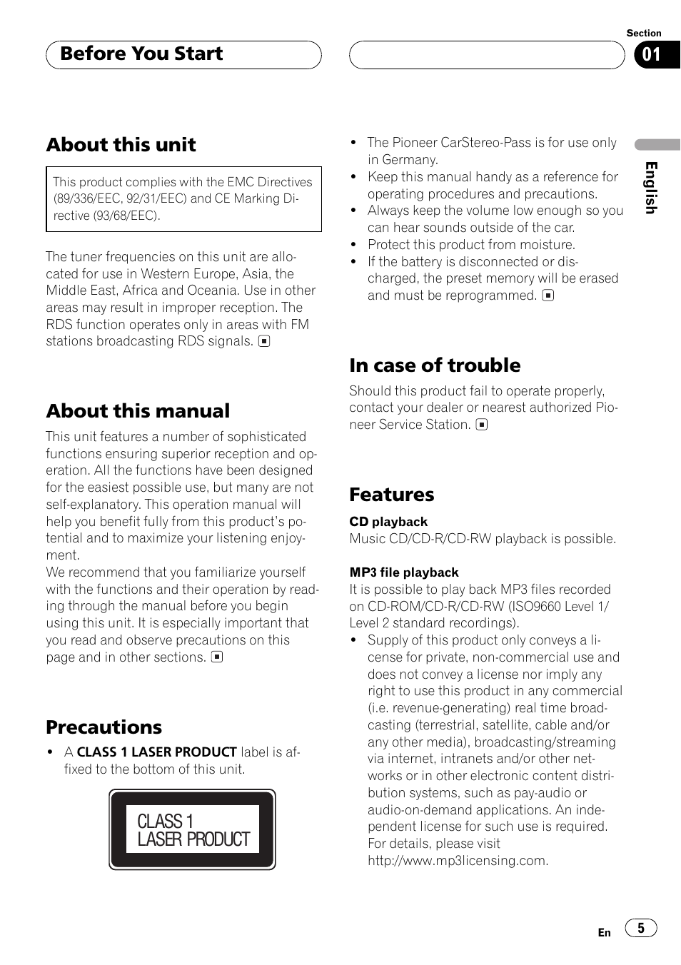 About this unit, About this manual, Precautions | Features, Before you start, Class 1 laser product | Pioneer DEH-P5500MP User Manual | Page 5 / 116