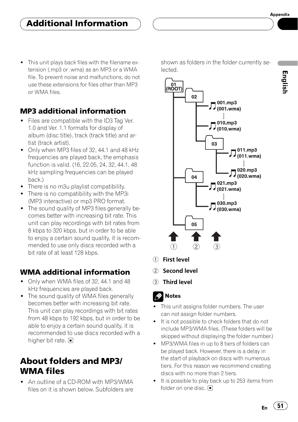 Mp3 additional information 51, Wma additional information 51, About folders and mp3/wma files 51 | About folders and mp3/ wma files, Additional information, Mp3 additional information, Wma additional information | Pioneer DEH-P5500MP User Manual | Page 51 / 116