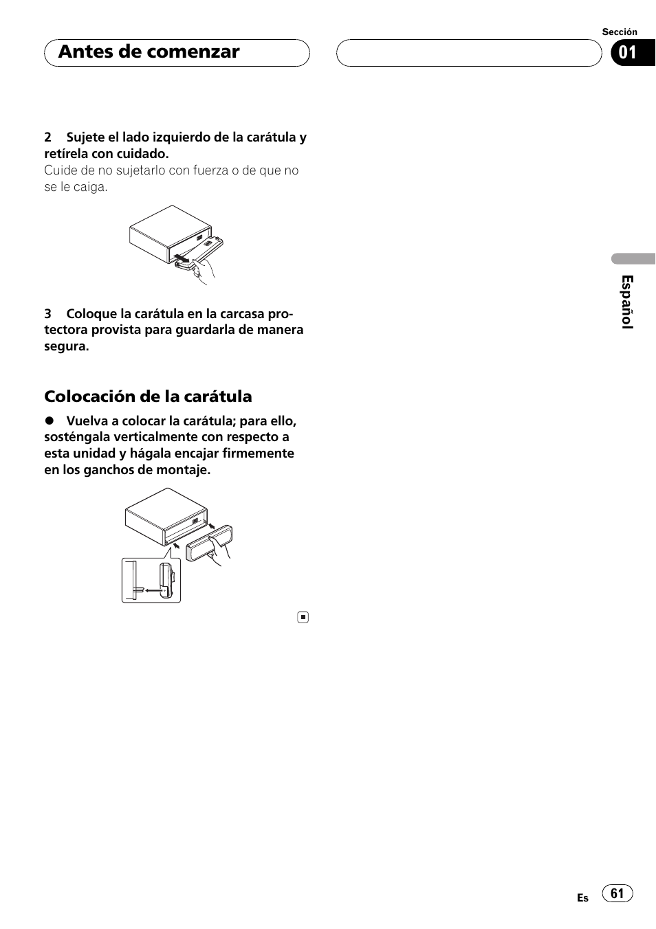 Colocación de la carátula 61, Antes de comenzar | Pioneer DEH-P5500MP User Manual | Page 61 / 116