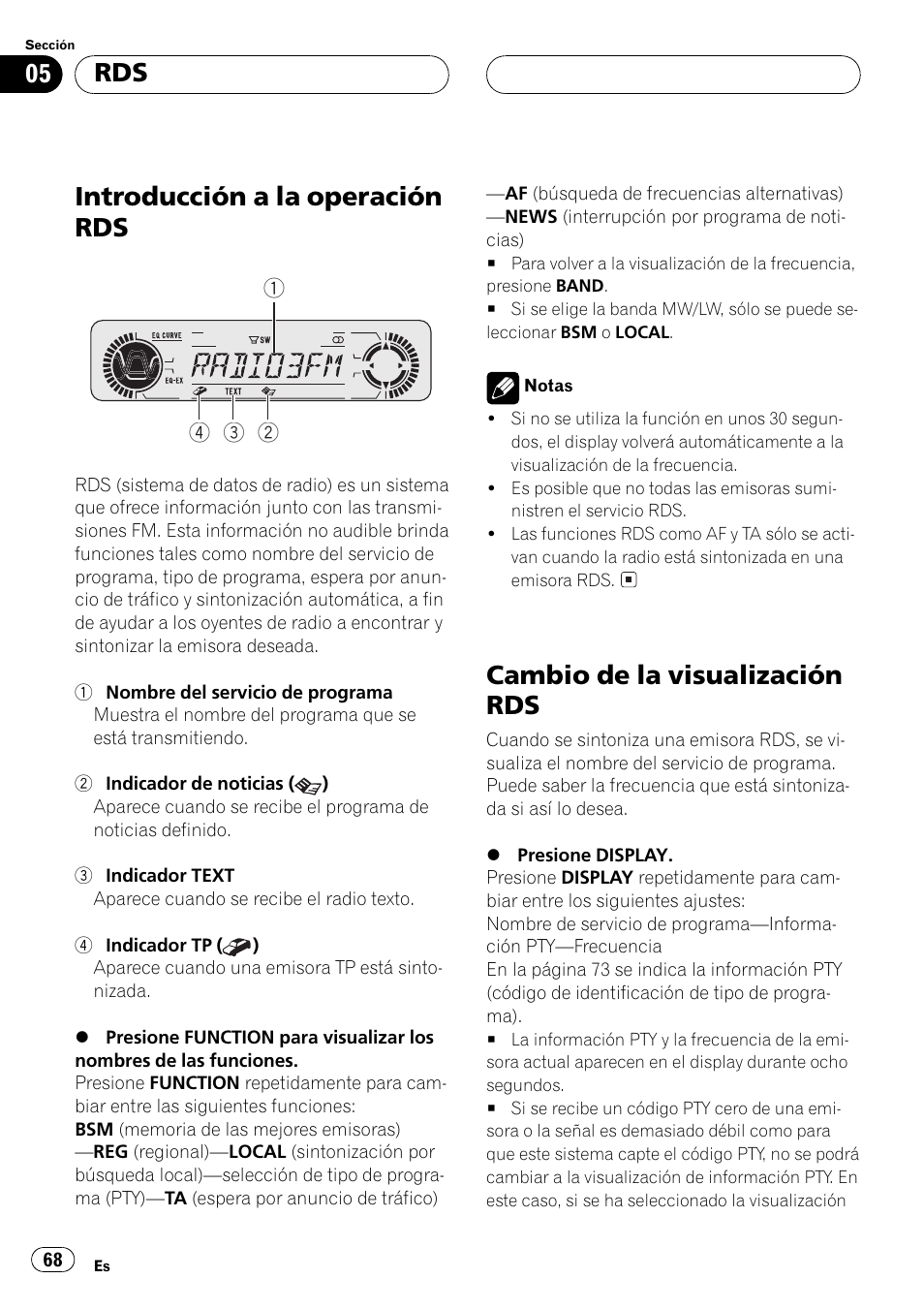 Introducción a la operación rds 68, Cambio de la visualización rds 68, Introducción a la operación rds | Cambio de la visualización rds | Pioneer DEH-P5500MP User Manual | Page 68 / 116