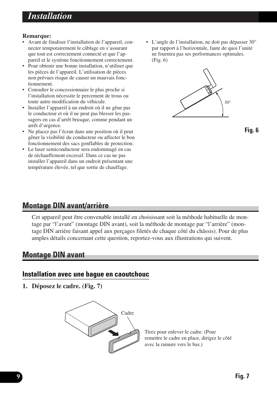 Installation, Montage din avant/arrière montage din avant, Installation avec une bague en caoutchouc | Montage din avant/arrière, Montage din avant | Pioneer AVX-P7300DVD User Manual | Page 52 / 88