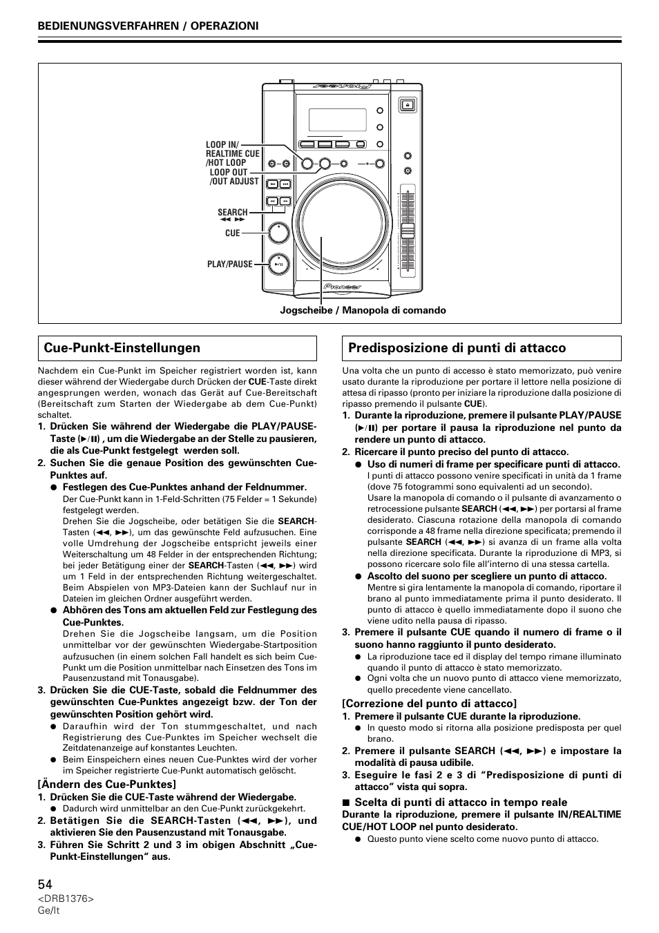 Cue-punkt-einstellungen, Predisposizione di punti di attacco | Pioneer CDJ-200 User Manual | Page 54 / 92