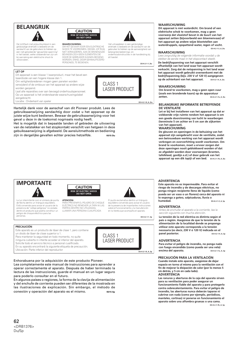 Belangrijk, Importante, Class 1 laser product | Caution, Drb1376> du/sp | Pioneer CDJ-200 User Manual | Page 62 / 92