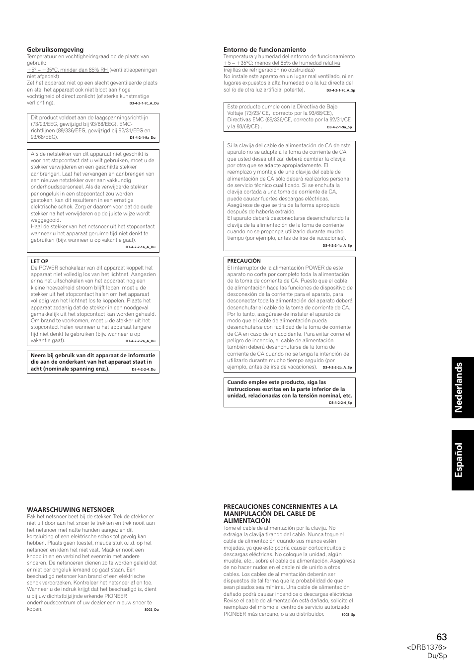 Nederlands español, Drb1376> du/sp | Pioneer CDJ-200 User Manual | Page 63 / 92