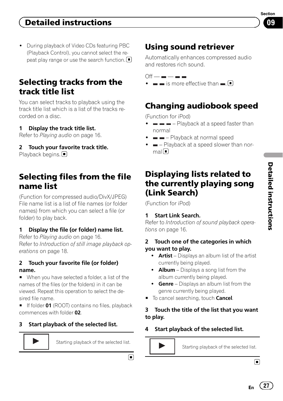 Selecting tracks from the track title list, Selecting files from the file name list, Using sound retriever | Changing audiobook speed, Displaying lists related to the currently, Playing song (link search), Detailed instructions | Pioneer AVH-2300DVD User Manual | Page 27 / 64