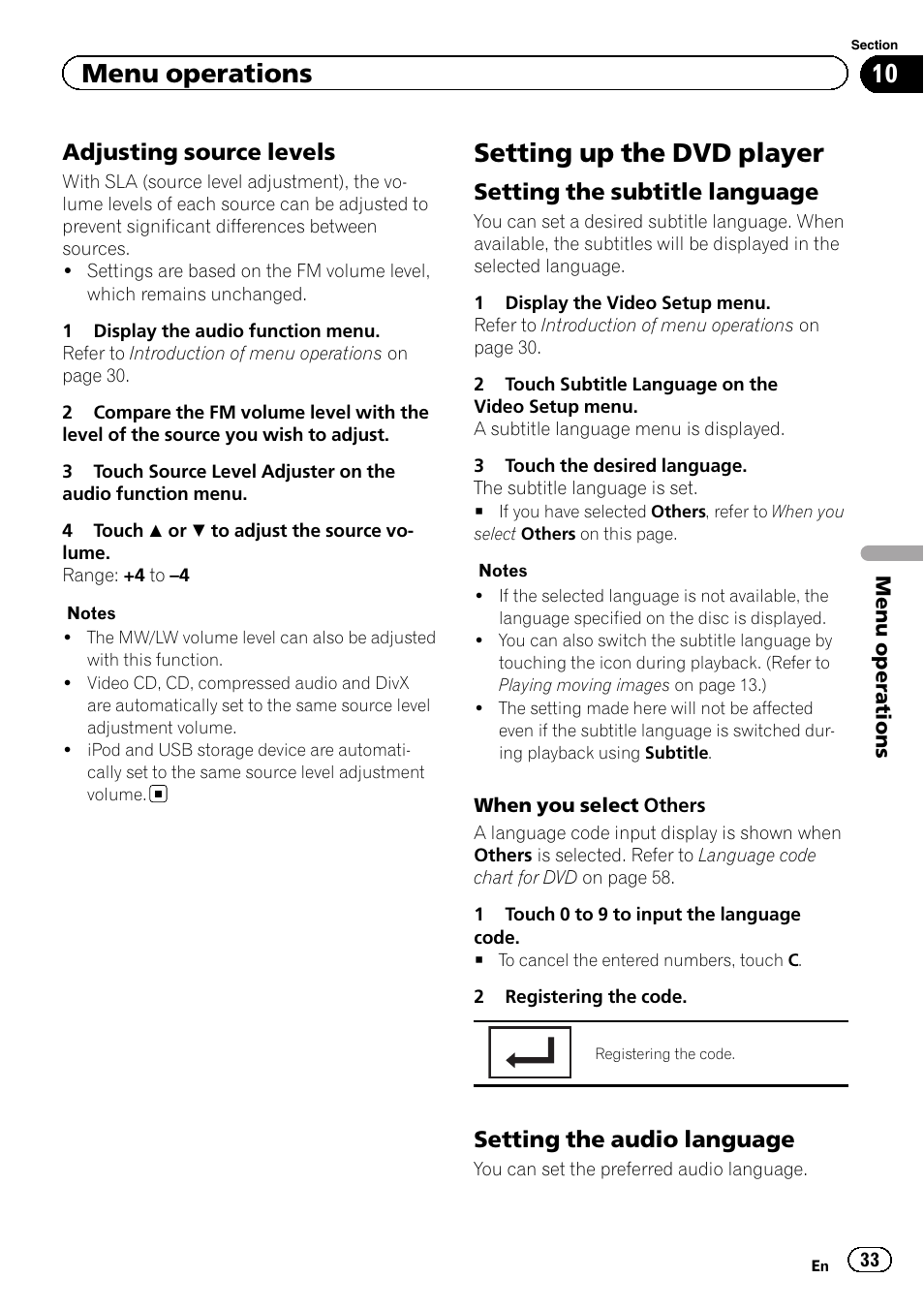 Setting up the dvd player, Menu operations, Adjusting source levels | Setting the subtitle language, Setting the audio language | Pioneer AVH-2300DVD User Manual | Page 33 / 64