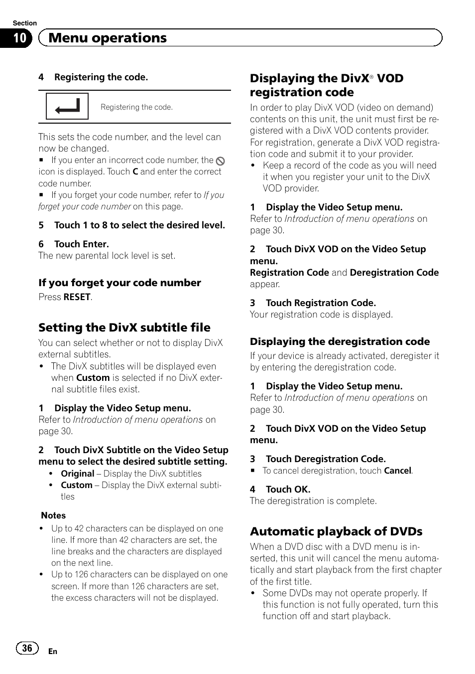 Displaying the divx, 10 menu operations, Setting the divx subtitle file | Vod registration code, Automatic playback of dvds | Pioneer AVH-2300DVD User Manual | Page 36 / 64