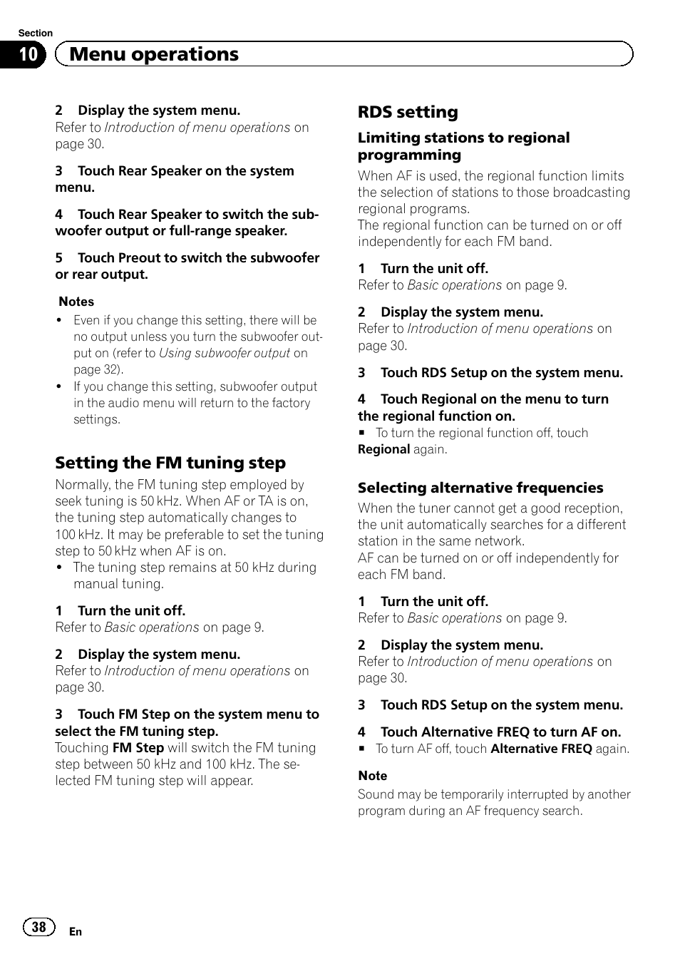 10 menu operations, Setting the fm tuning step, Rds setting | Pioneer AVH-2300DVD User Manual | Page 38 / 64