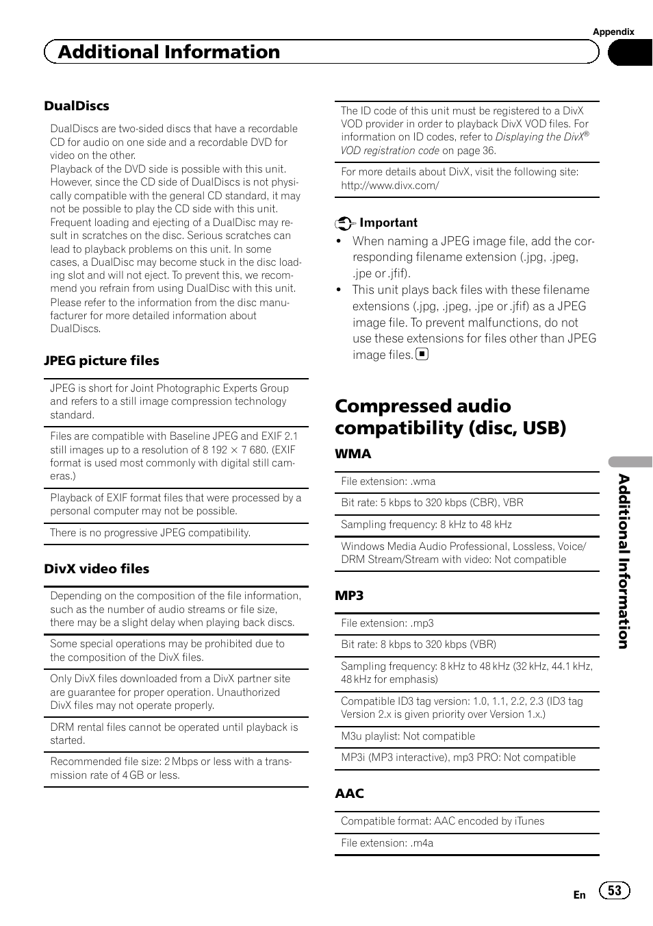 Compressed audio compatibility (disc, Usb), Compressed audio compatibility (disc, usb) | Additional information | Pioneer AVH-2300DVD User Manual | Page 53 / 64