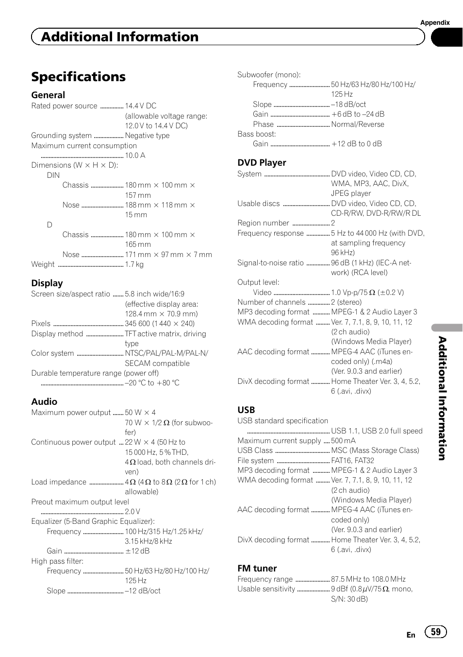 Specifications, Additional information | Pioneer AVH-2300DVD User Manual | Page 59 / 64